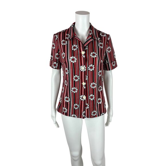 Vintage 70s Floral Print Top Women's Medium Red Black Daisies Stripes Blouse - Picture 10 of 11